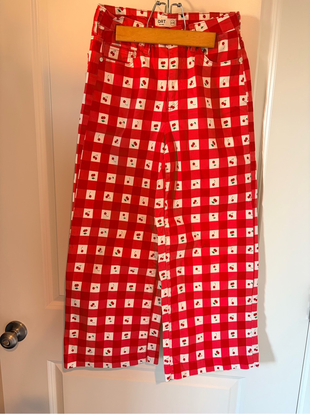 OAT New York Red Gingham Cherry Wide Leg Ankle Pants